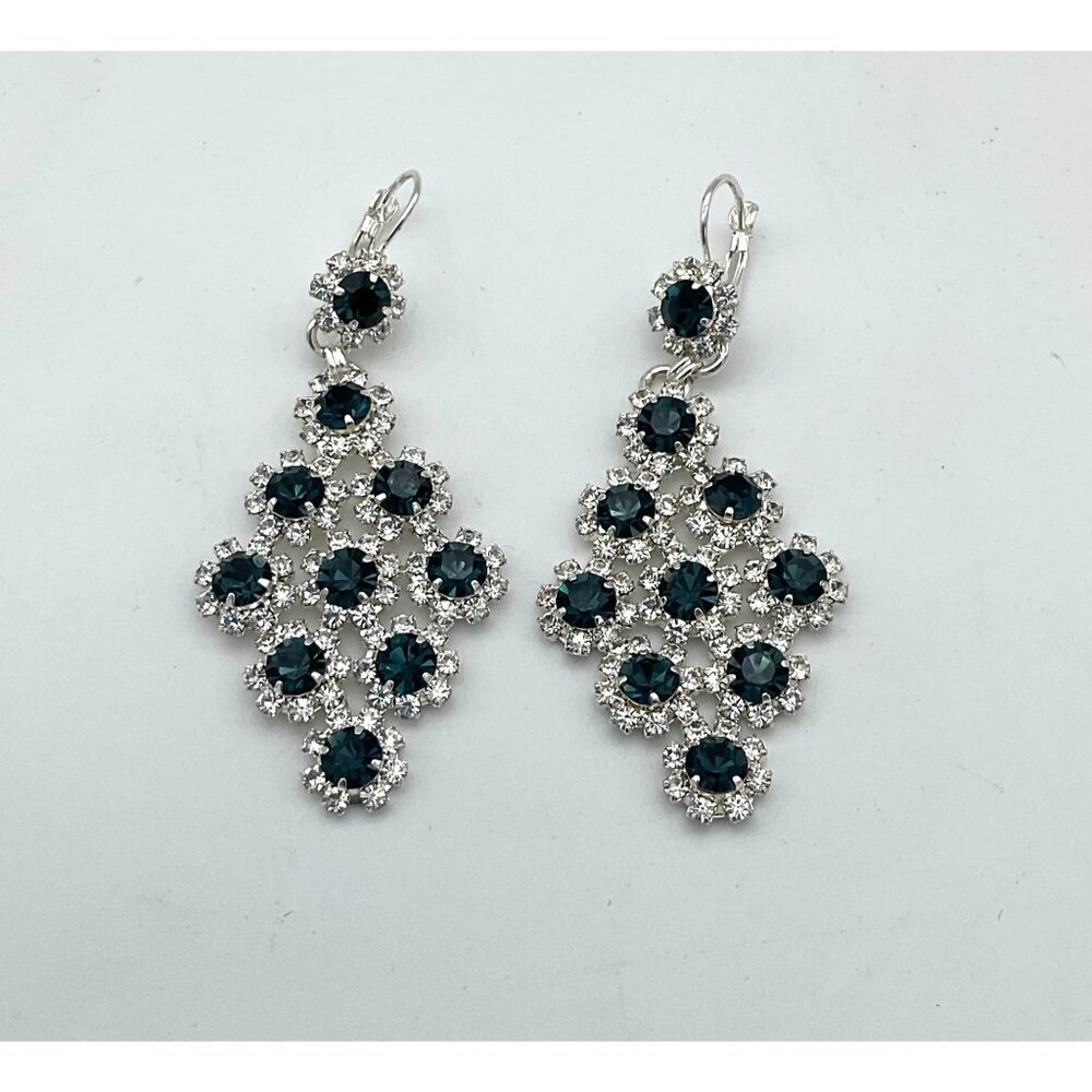Silver Tone Deep Blue & Clear Rhinestone Pendant Statement Formal Earrings